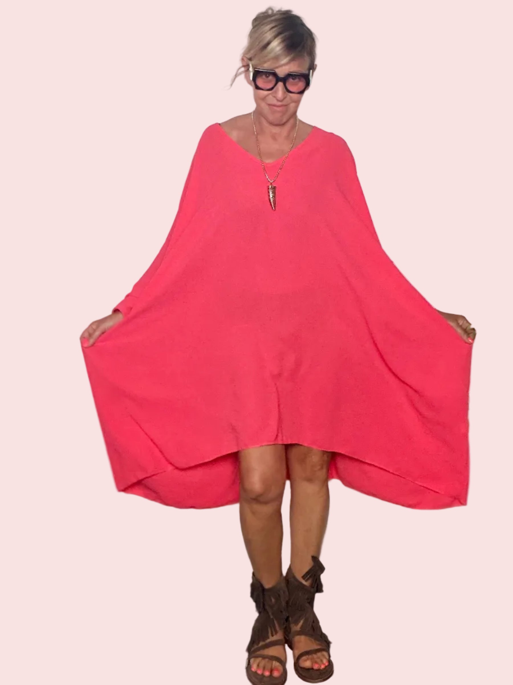 Abito Kaftan Oversize Maniche a Pipistrello — Corallo / Nero