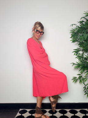 Abito Kaftan Oversize Maniche a Pipistrello — Corallo / Nero