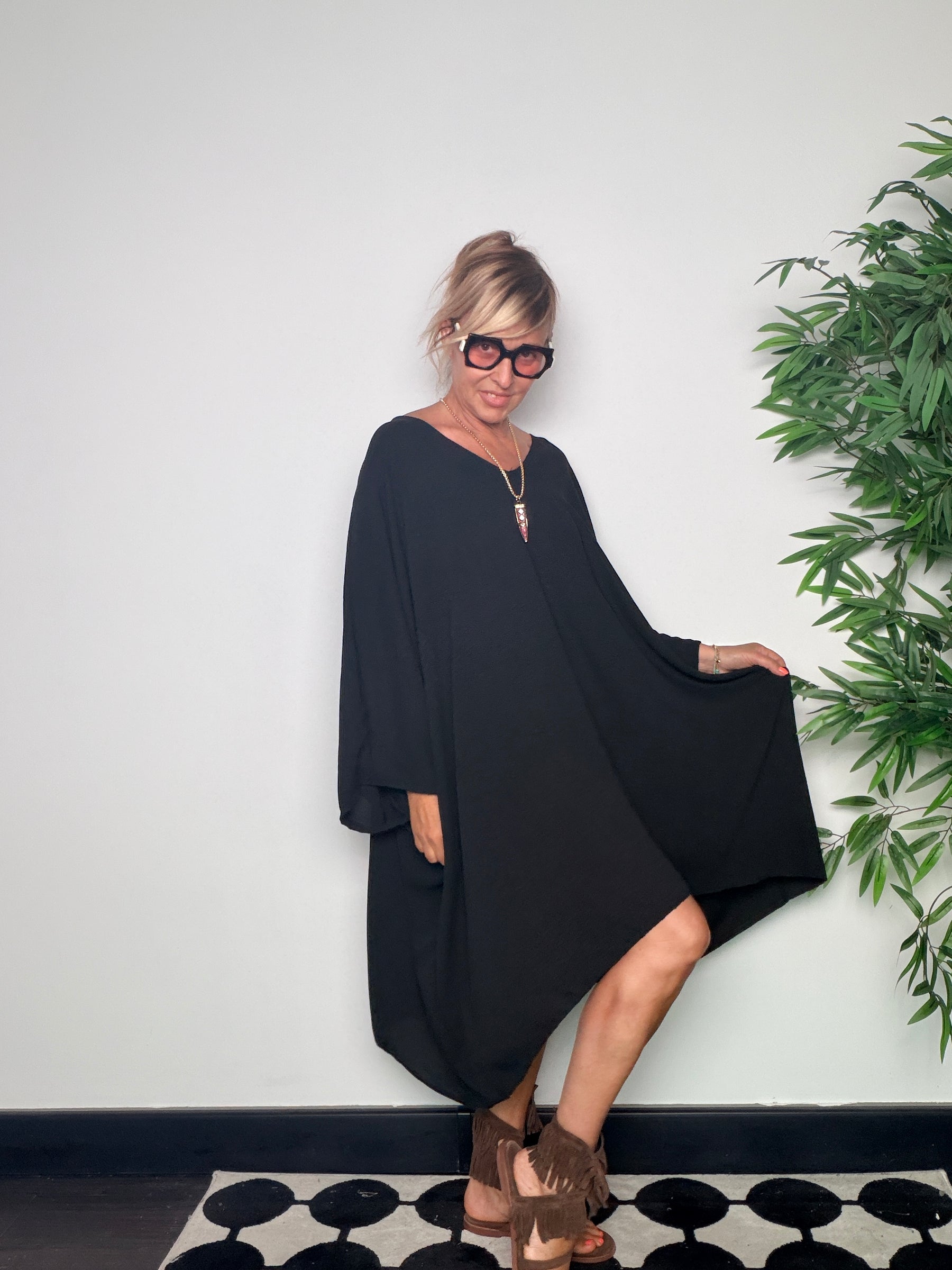 Abito Kaftan Oversize Maniche a Pipistrello — Corallo / Nero