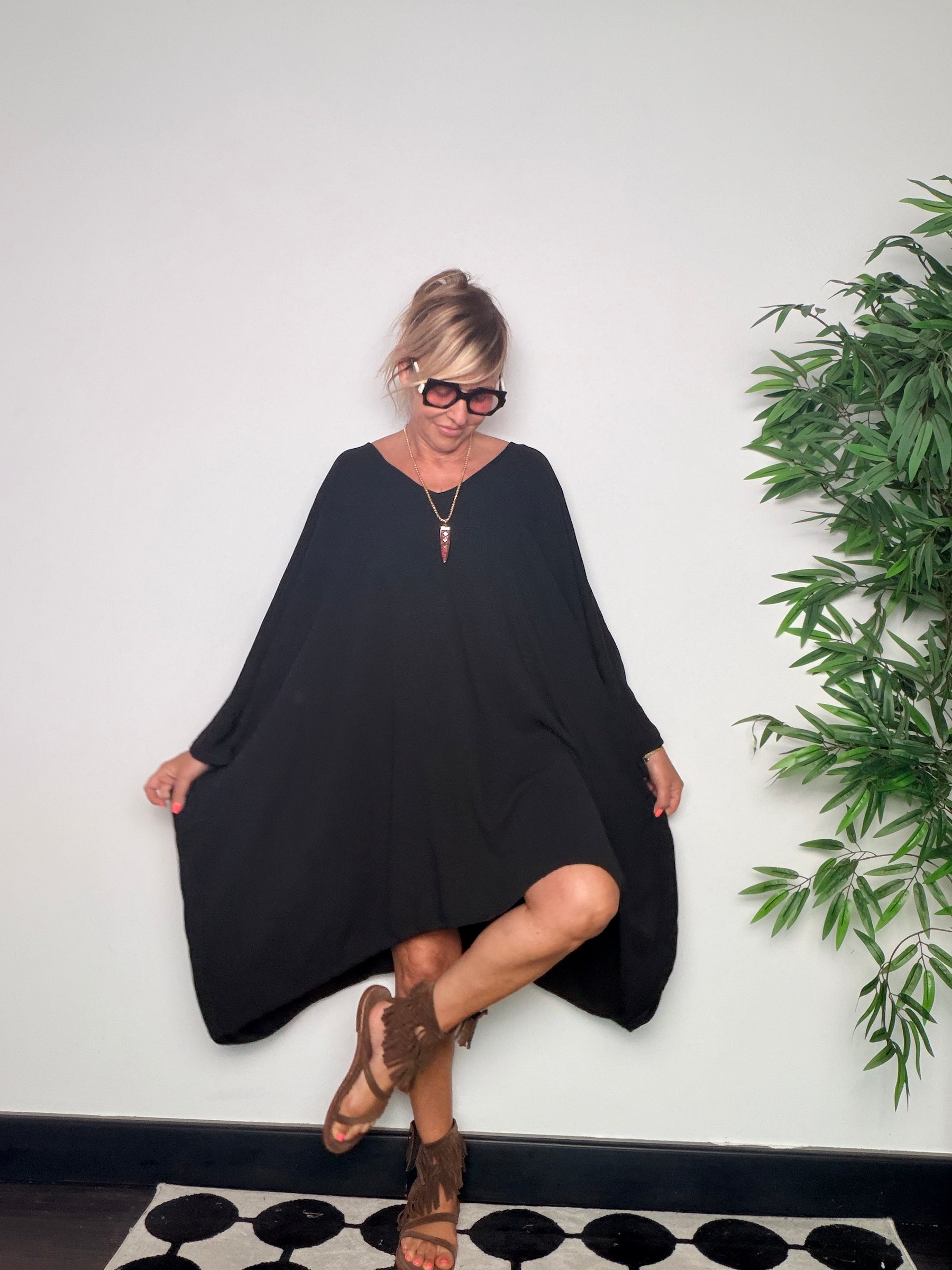 Abito Kaftan Oversize Maniche a Pipistrello — Corallo / Nero