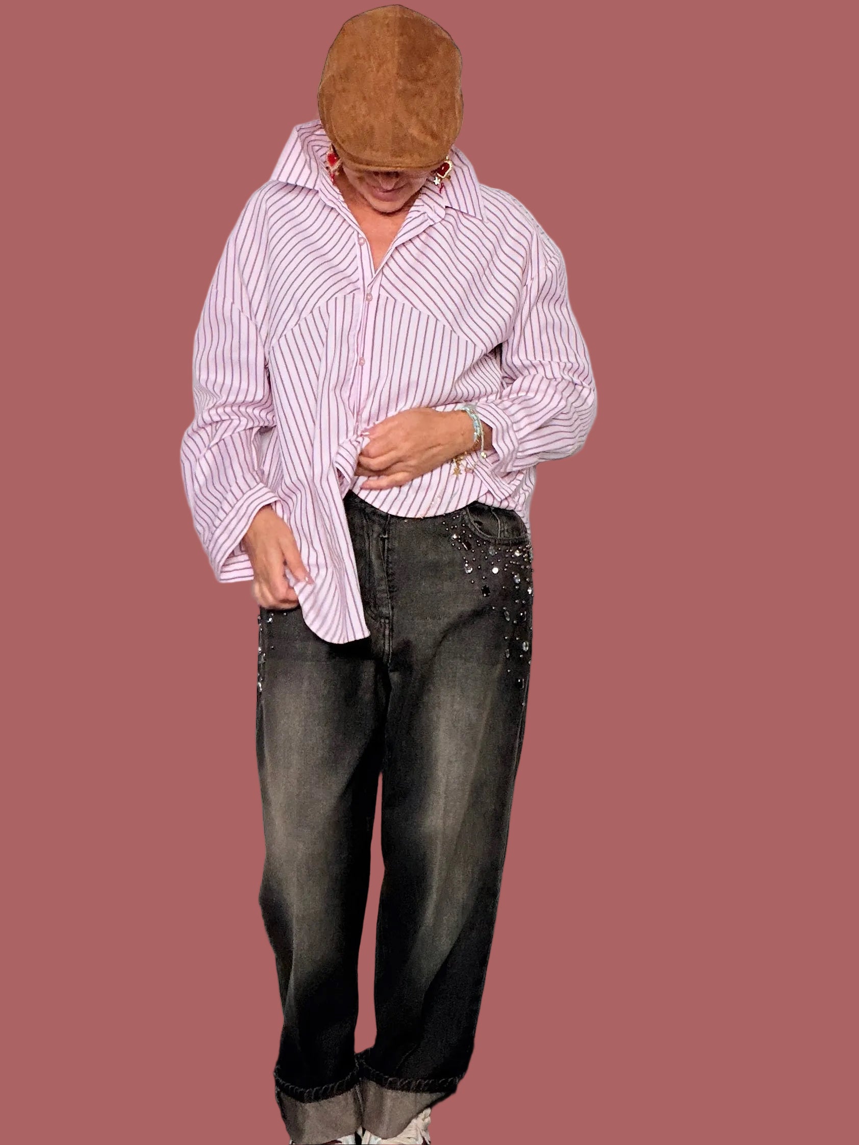 Jeans grigio antracite con pietre applicate