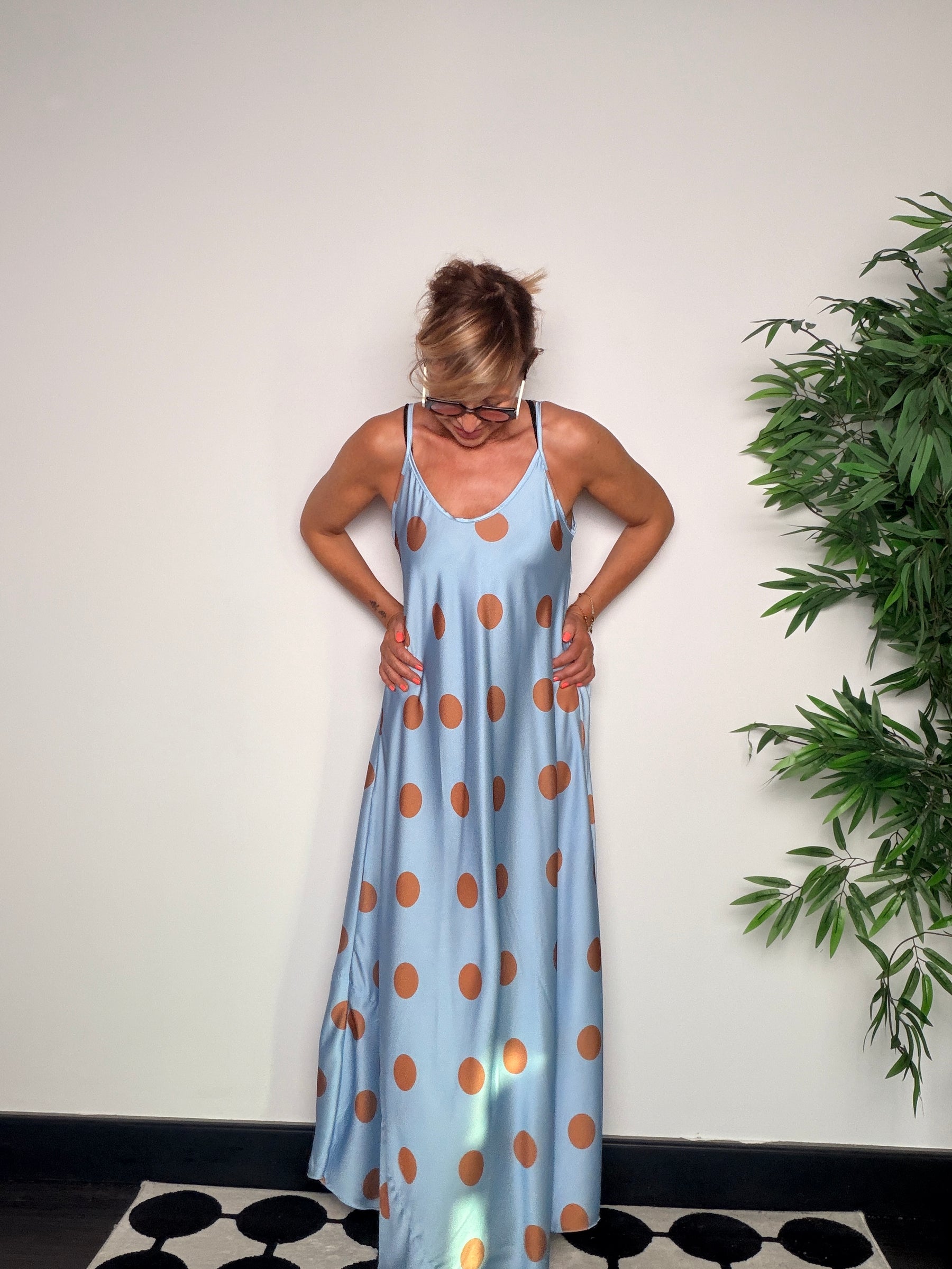 Abito Lungo in Raso a Pois | Azzurro e Terracotta