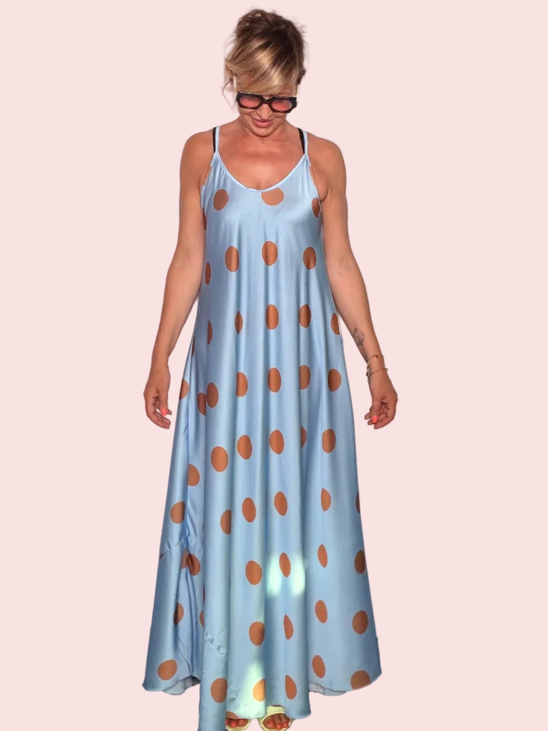 Abito Lungo in Raso a Pois | Azzurro e Terracotta