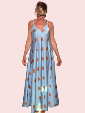 Abito Lungo in Raso a Pois | Azzurro e Terracotta
