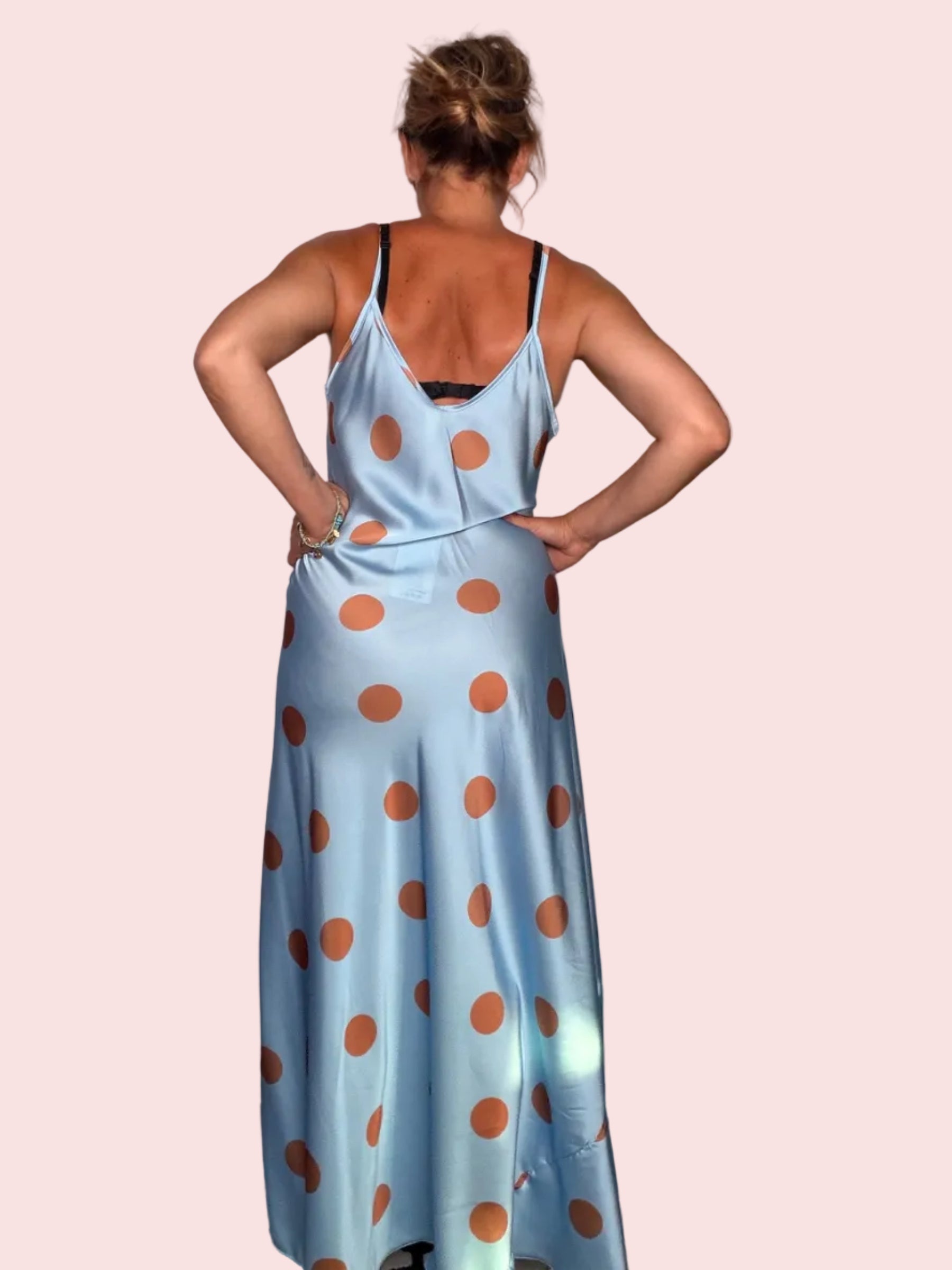 Abito Lungo in Raso a Pois | Azzurro e Terracotta