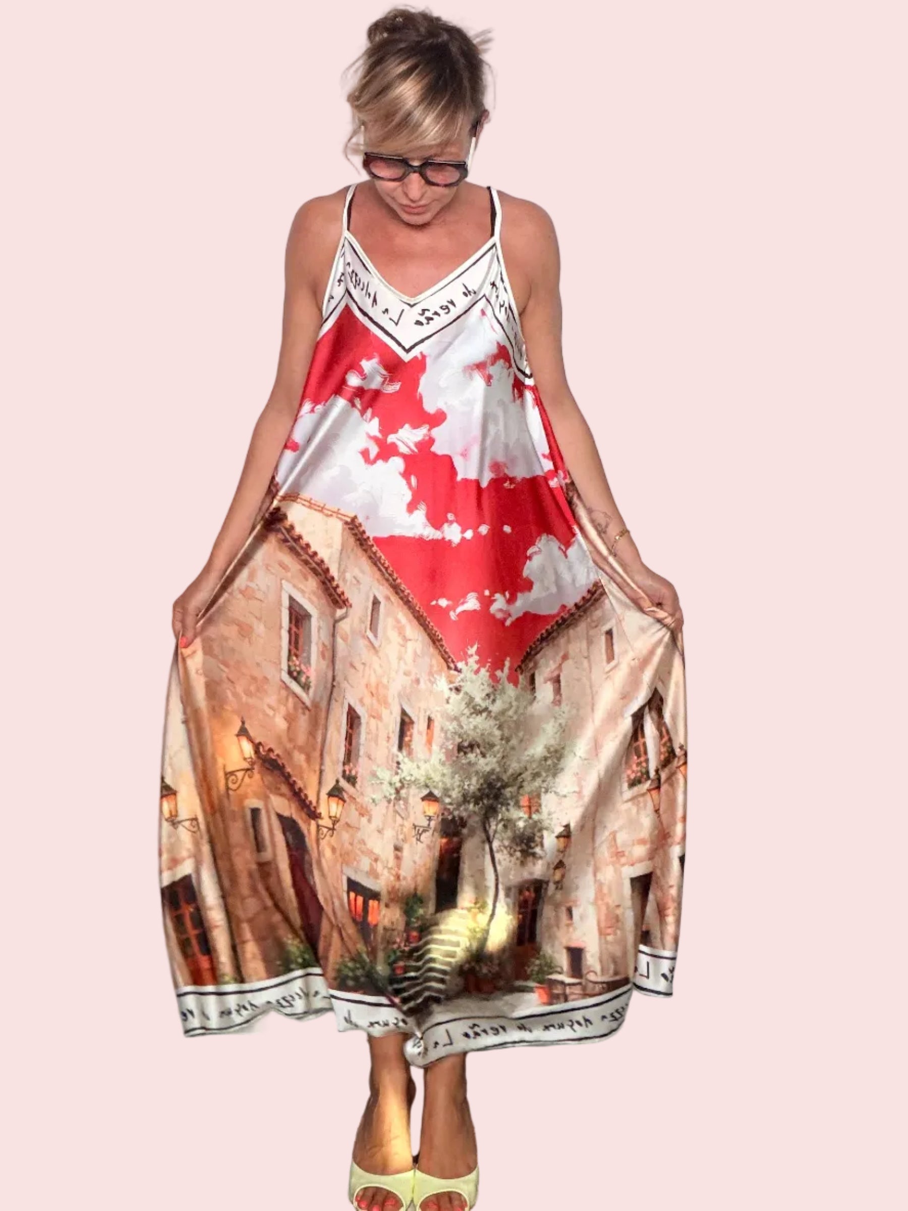 Abito Midi Stampa Pittorica Paesaggio — Seta Effetto Foulard