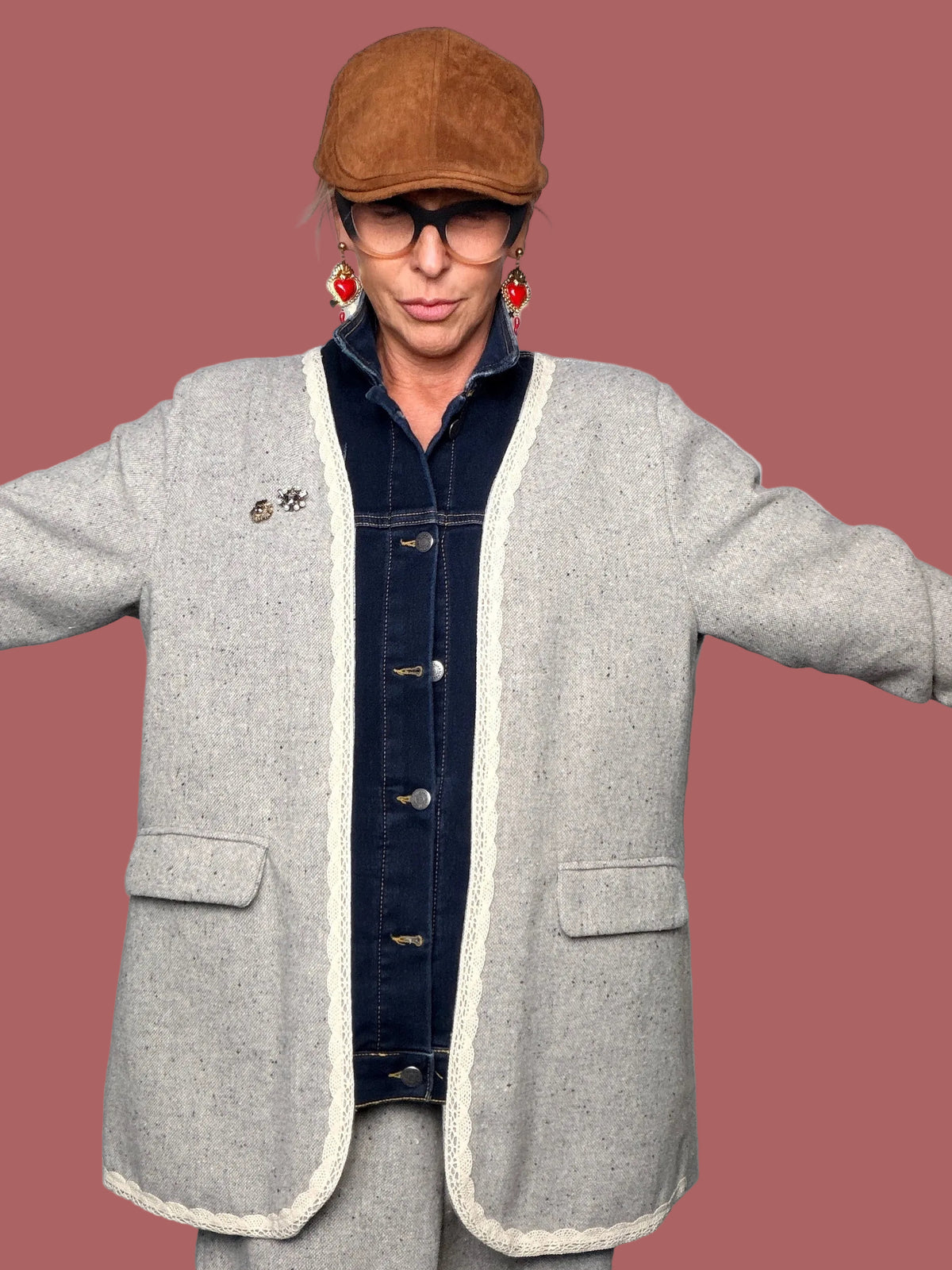 Giacca grigio mélange con inserti denim