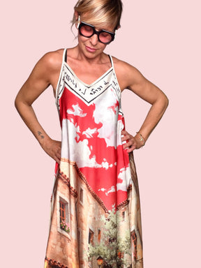 Abito Midi Stampa Pittorica Paesaggio — Seta Effetto Foulard