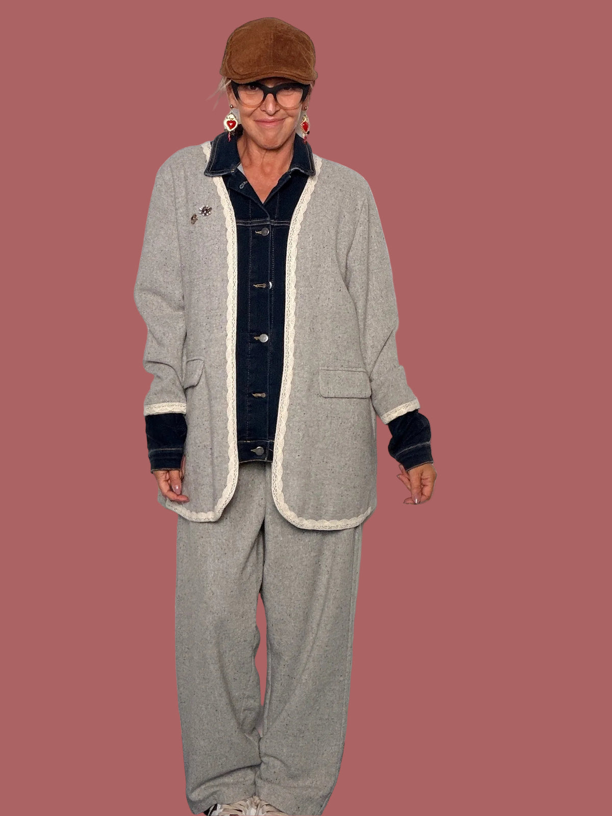 Giacca grigio mélange con inserti denim