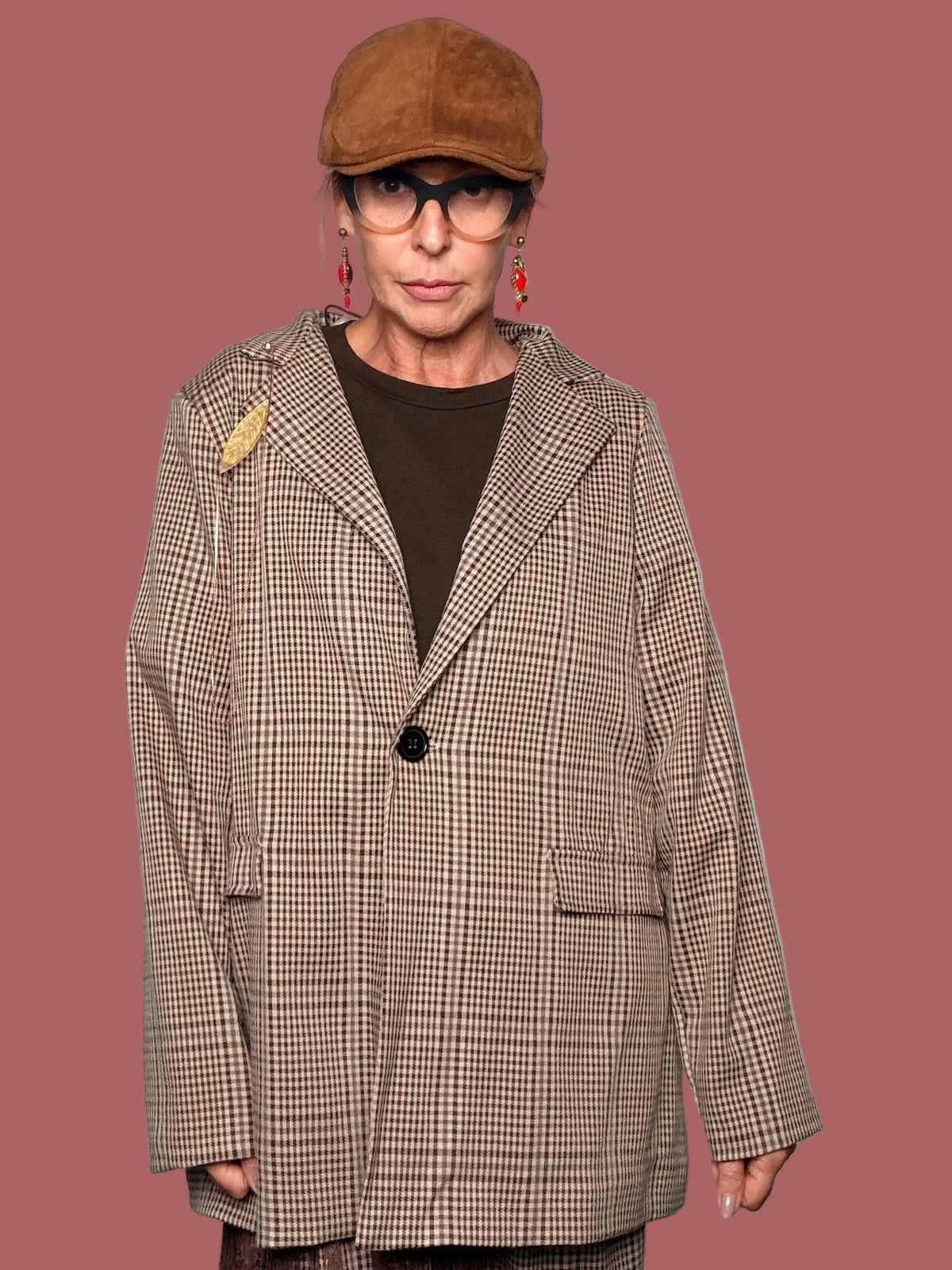 Giacca blazer a quadri beige e marrone