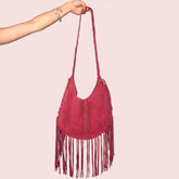 Borsa Hobo Scamosciata con Frange — Fucsia Boho
