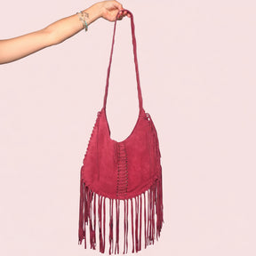 Borsa Hobo Scamosciata con Frange — Fucsia Boho