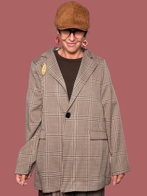 Giacca blazer a quadri beige e marrone