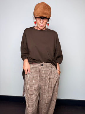 Pantalone palazzo a quadri beige e marrone