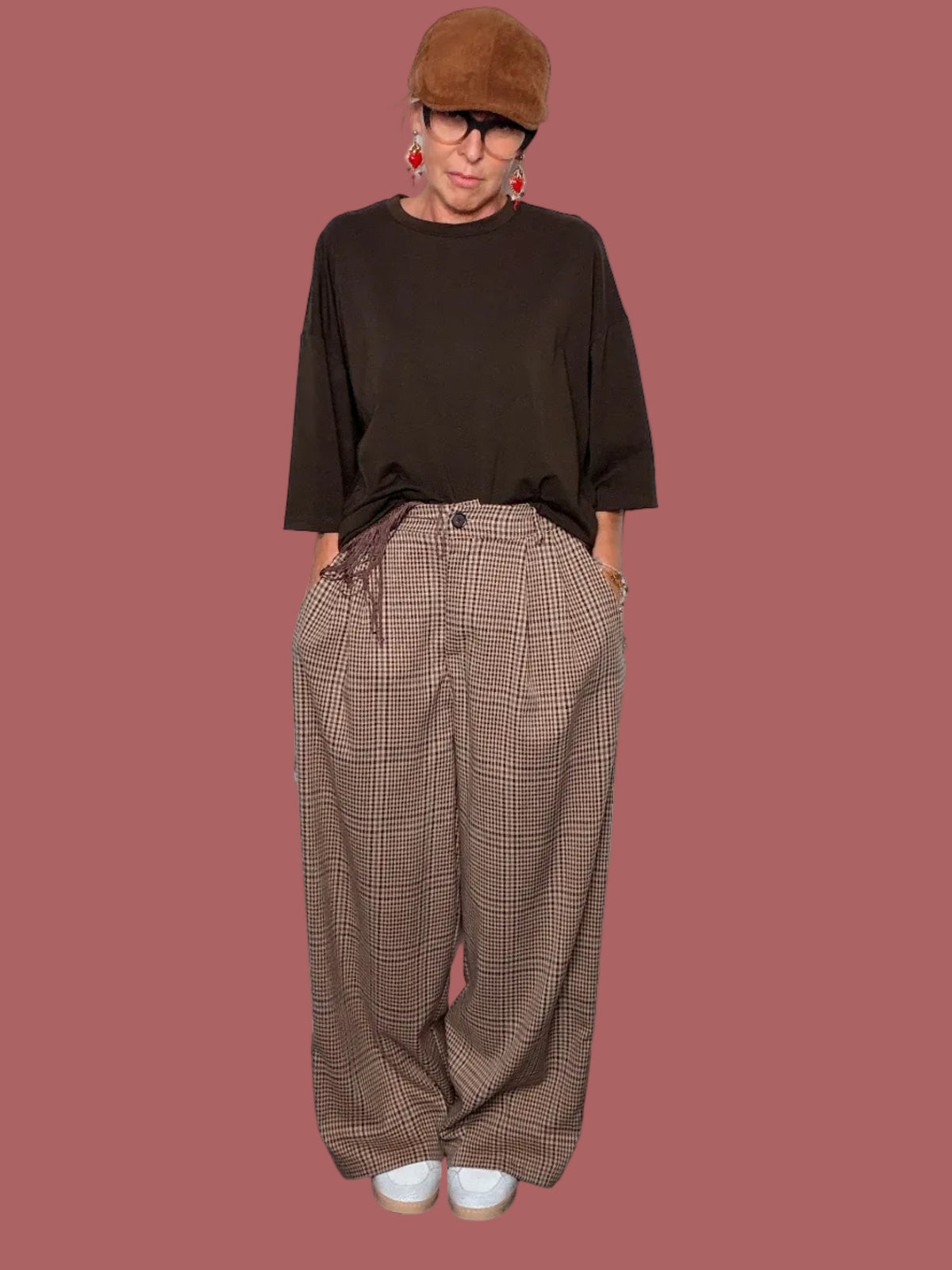 Pantalone palazzo a quadri beige e marrone
