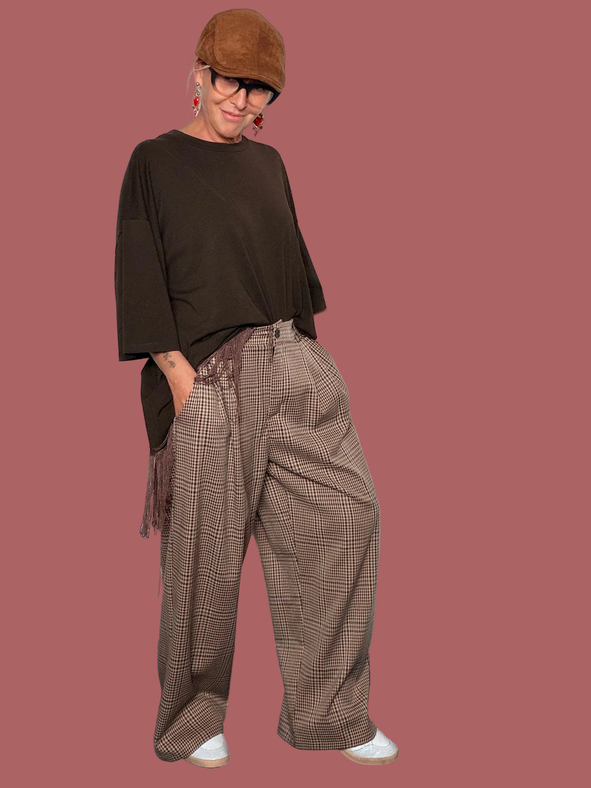 Pantalone palazzo a quadri beige e marrone