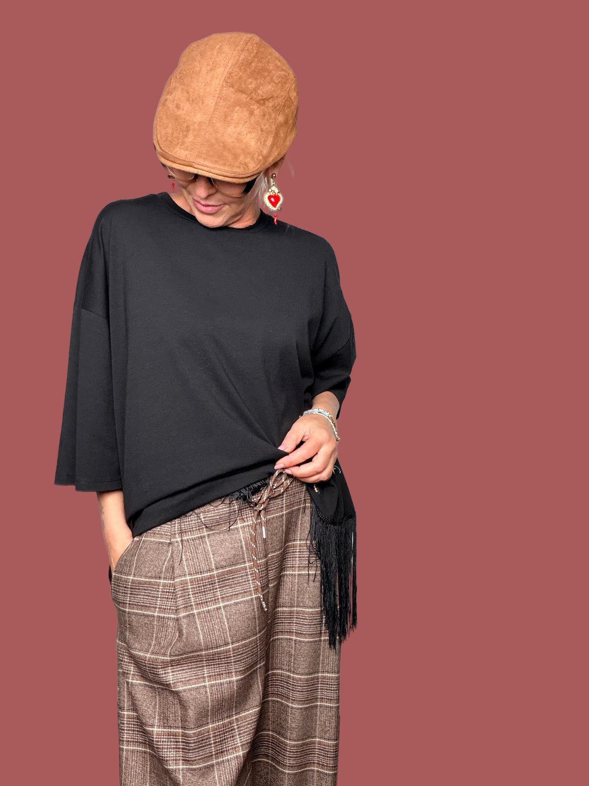 Pantalone palazzo scozzese marrone con coulisse
