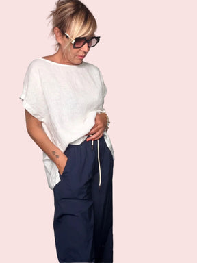 Pantalone Wide Leg Tela Paracadute con Coulisse — Navy / Bordeaux