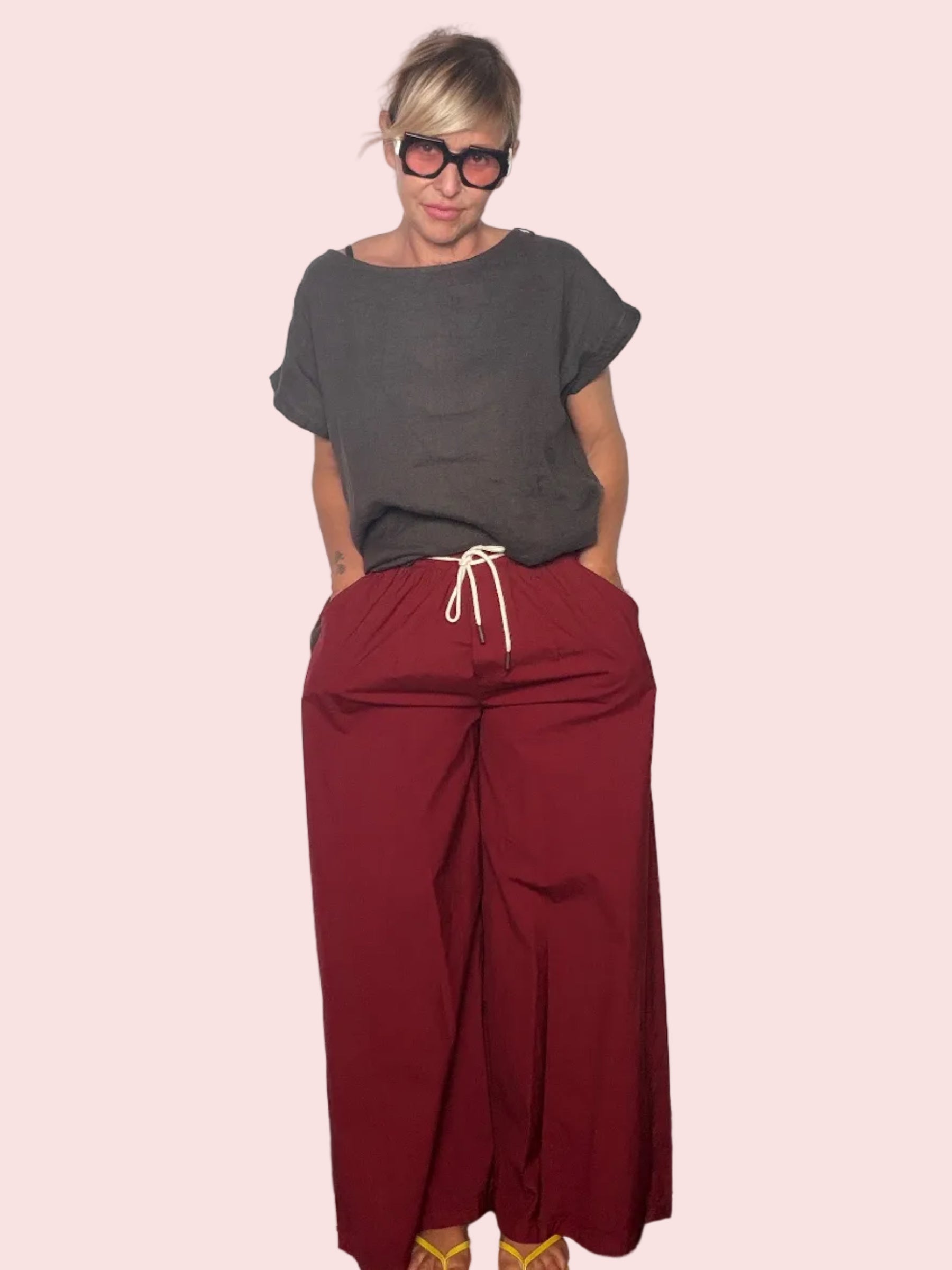 Pantalone Wide Leg Tela Paracadute con Coulisse — Navy / Bordeaux