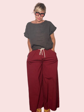 Pantalone Wide Leg Tela Paracadute con Coulisse — Navy / Bordeaux