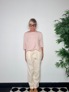 Pantalone Sigaretta Tela con Coulisse e Risvolto — Panna