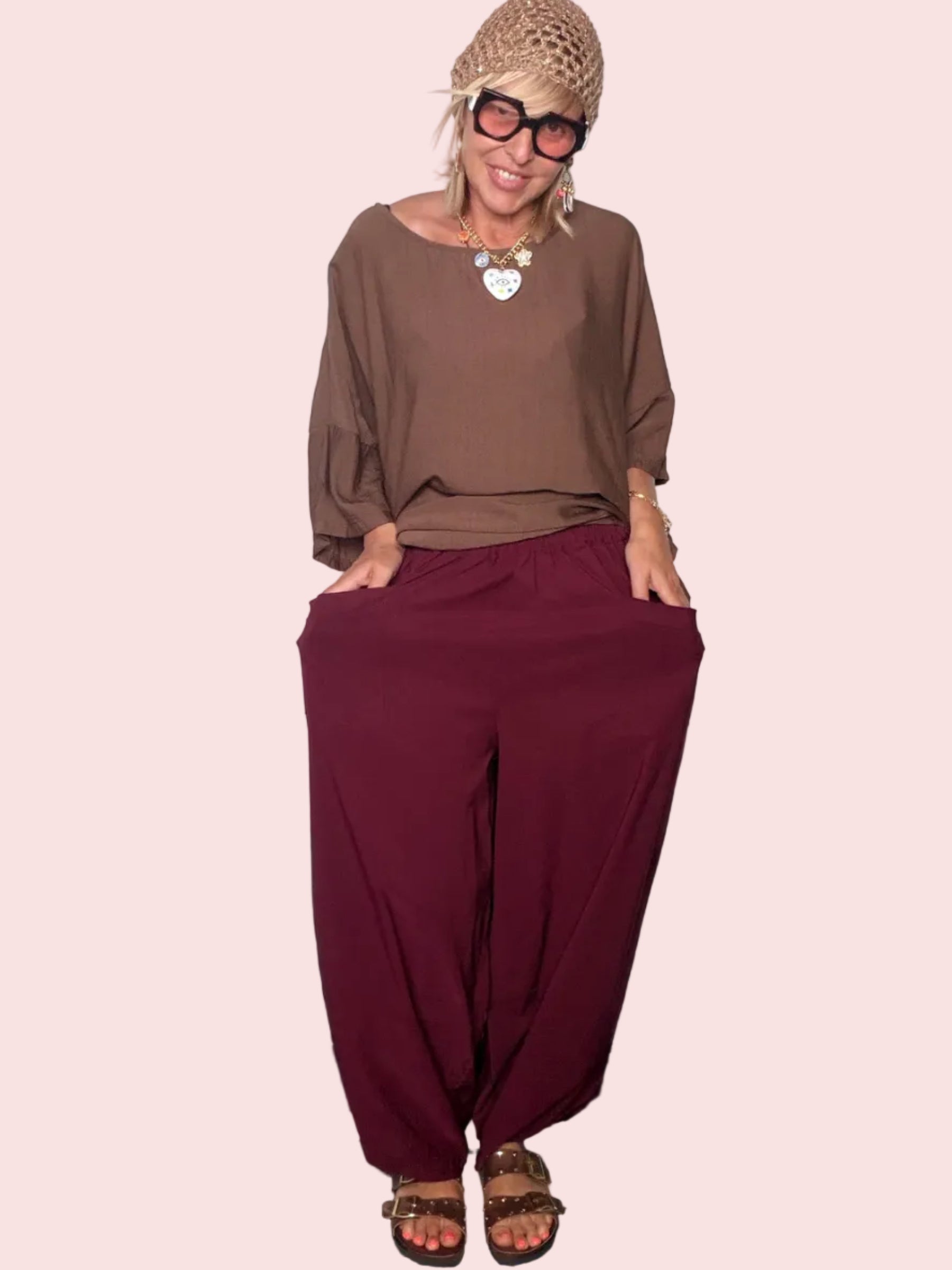 Pantalone Baggy Bengalina con Pince — Bordeaux / Nero