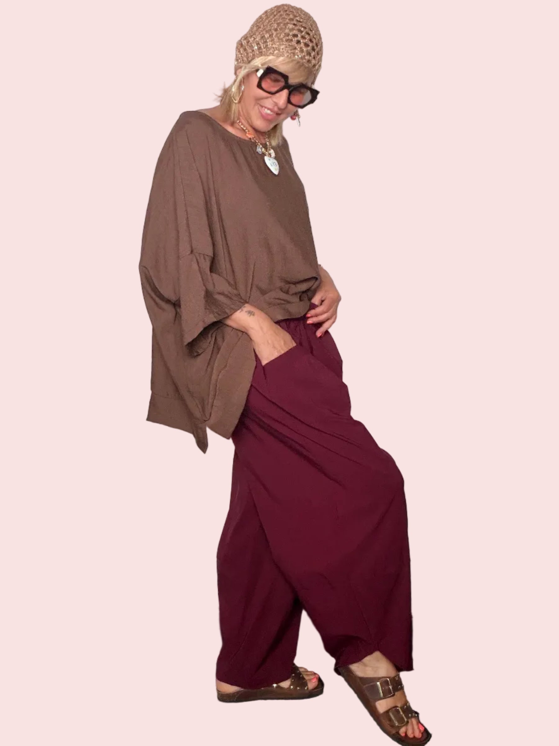 Pantalone Baggy Bengalina con Pince — Bordeaux / Nero