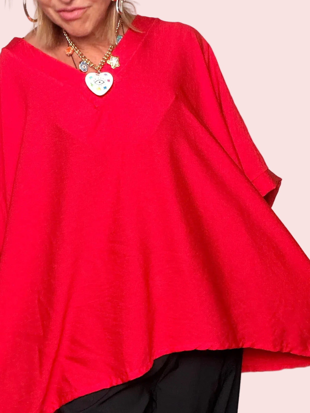 Maglia Oversize Pipistrello Scollo a V — Rosso
