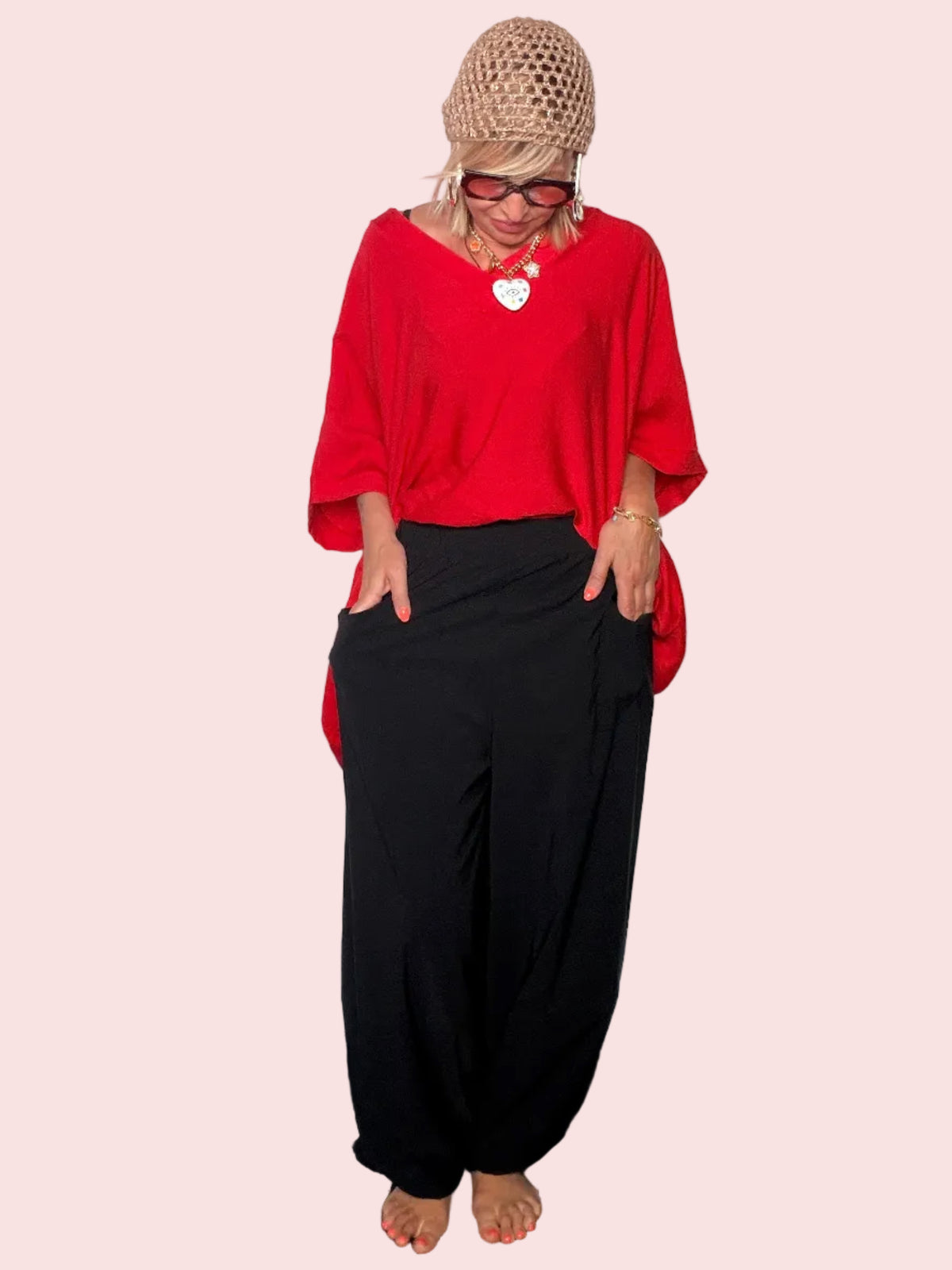 Pantalone Baggy Bengalina con Pince — Bordeaux / Nero