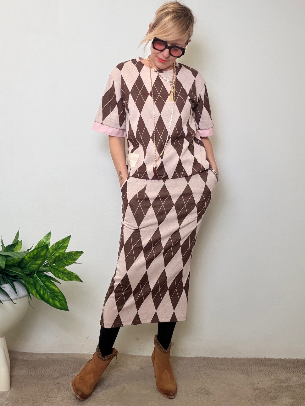 Gonna midi a tubino con motivo argyle