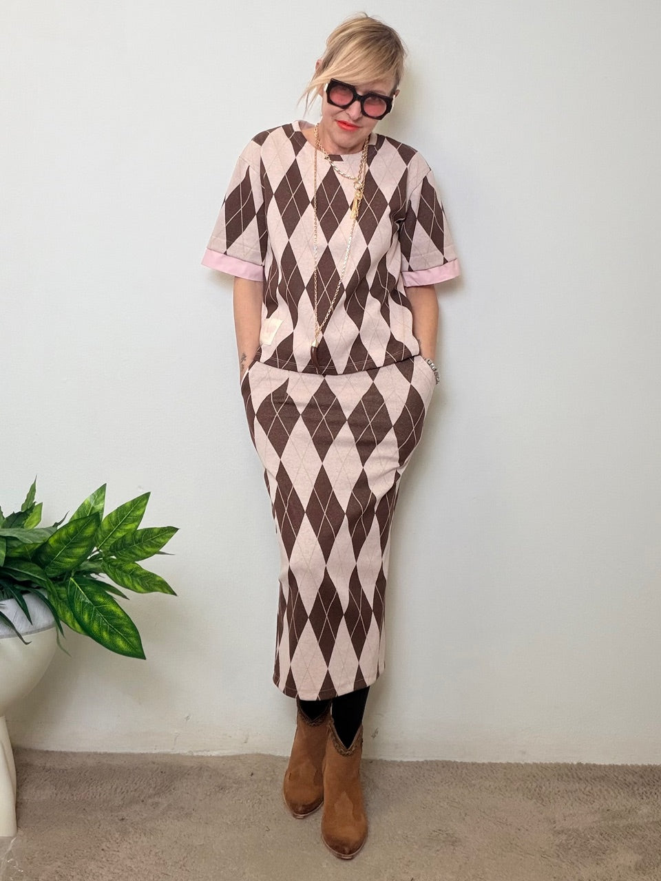 Gonna midi a tubino con motivo argyle