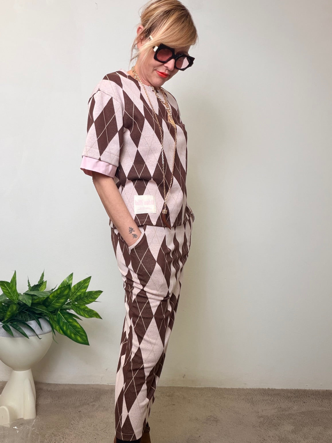 Gonna midi a tubino con motivo argyle