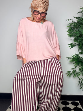 Pantalone Baggy a Righe Tela Paracadute — Bordeaux / Panna