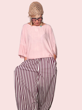 Pantalone Baggy a Righe Tela Paracadute — Bordeaux / Panna