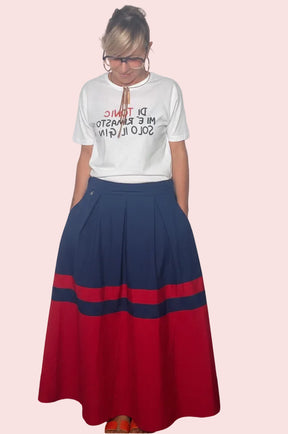 Gonna Midi a Ruota Bicolore — Navy / Rosso