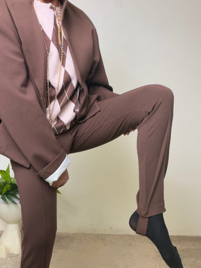 Pantalone skinny marrone cioccolato a vita alta con ghette integrate
