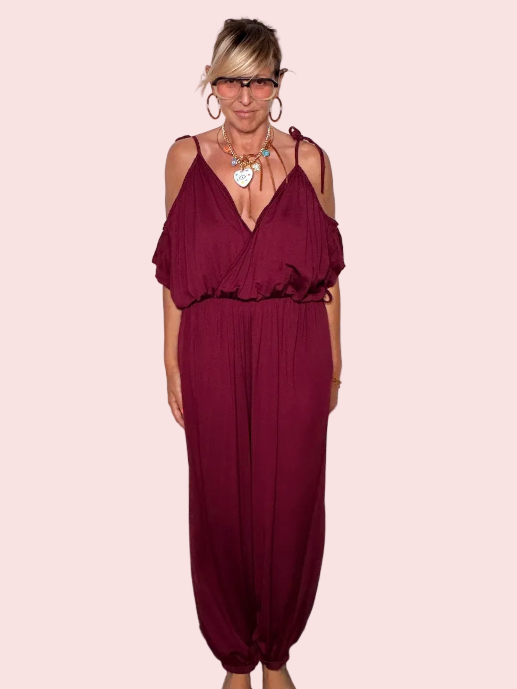 Tuta Jumpsuit Cold Shoulder Scollo a V — Bordeaux / Nero