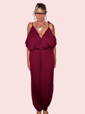 Tuta Jumpsuit Cold Shoulder Scollo a V — Bordeaux / Nero