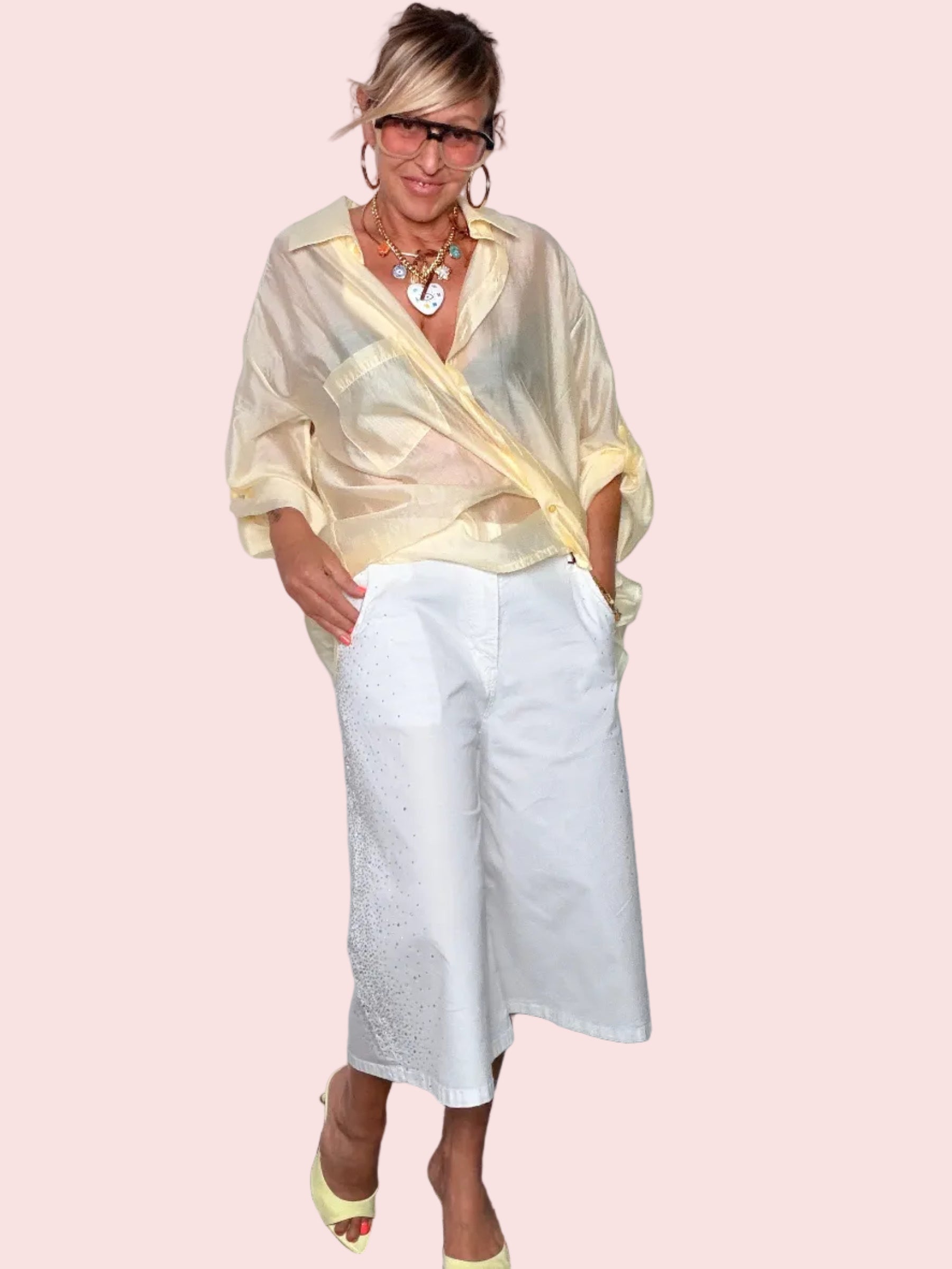 Bermuda Midi Strass con Spacchetto — Bianco / Cioccolato