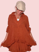 Camicia Oversize in Garza con Bordo Sfrangiato — Terracotta