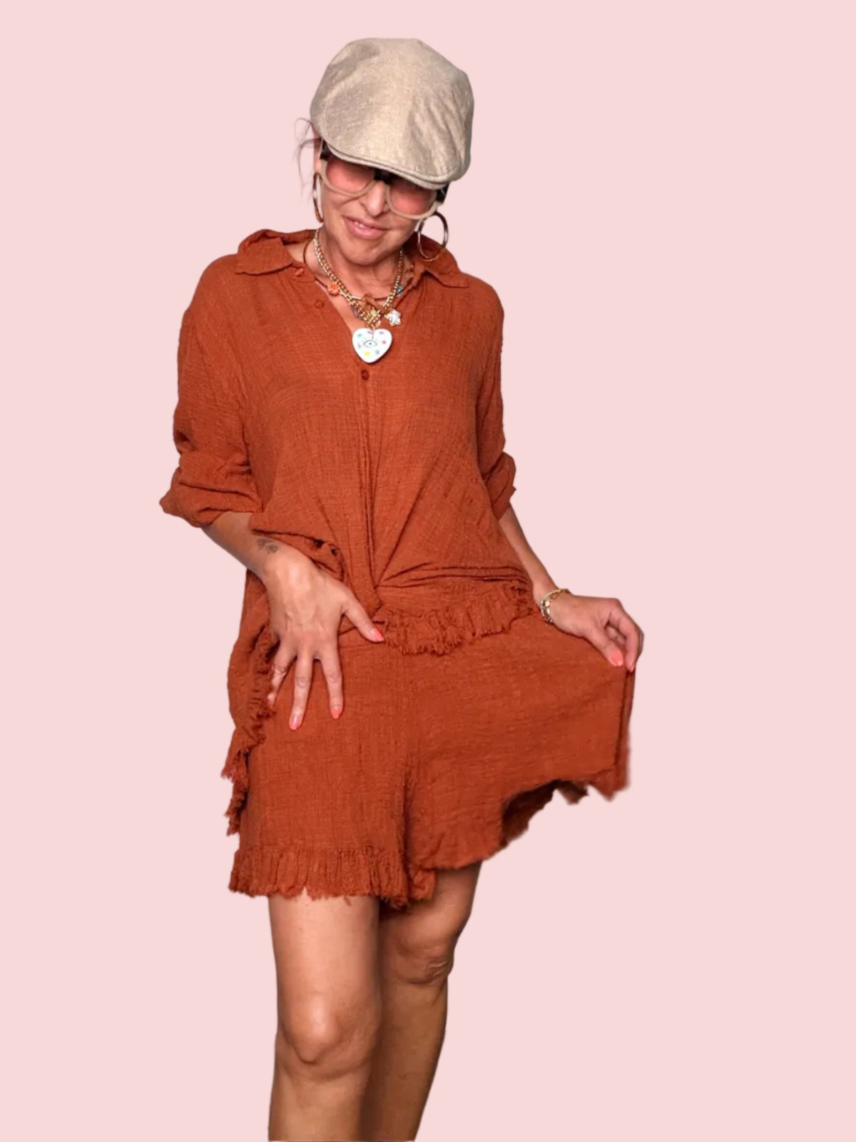 Shorts in Garza con Doppio Volant Sfrangiato — Terracotta