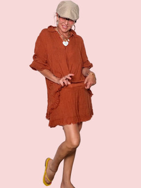 Shorts in Garza con Doppio Volant Sfrangiato — Terracotta