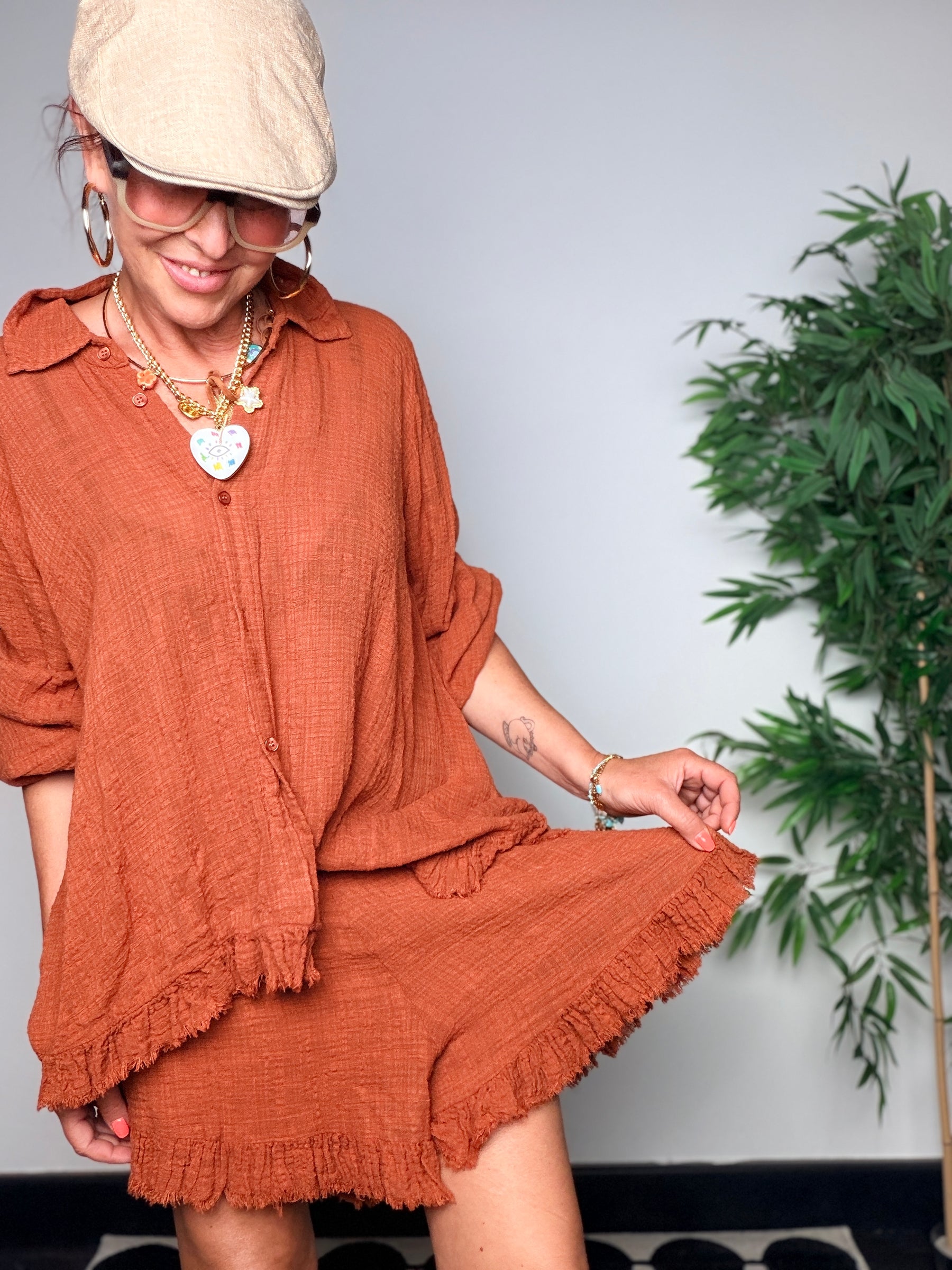 Camicia Oversize in Garza con Bordo Sfrangiato — Terracotta