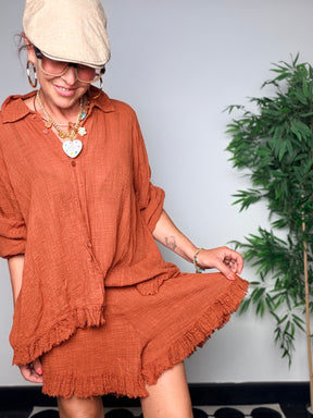 Camicia Oversize in Garza con Bordo Sfrangiato — Terracotta