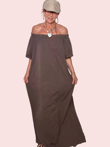 Abito Maxi Off-Shoulder Cotone Fluido — Nero / Bianco / Moro / Rosa / Bordeaux/verde