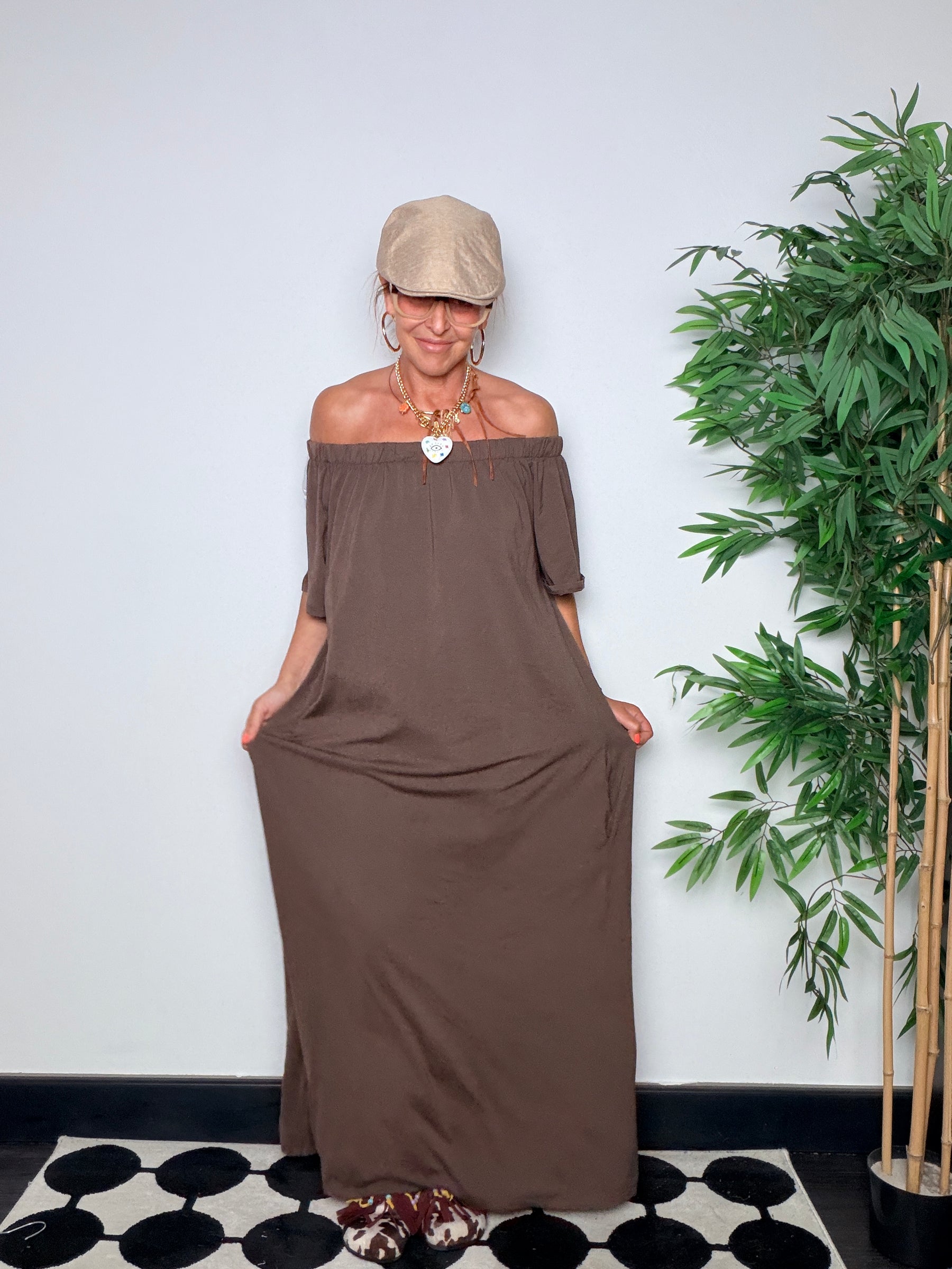 Abito Maxi Off-Shoulder Cotone Fluido — Nero / Bianco / Moro / Rosa / Bordeaux/verde