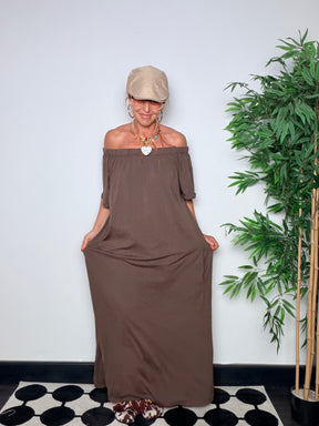 Abito Maxi Off-Shoulder Cotone Fluido — Nero / Bianco / Moro / Rosa / Bordeaux/verde