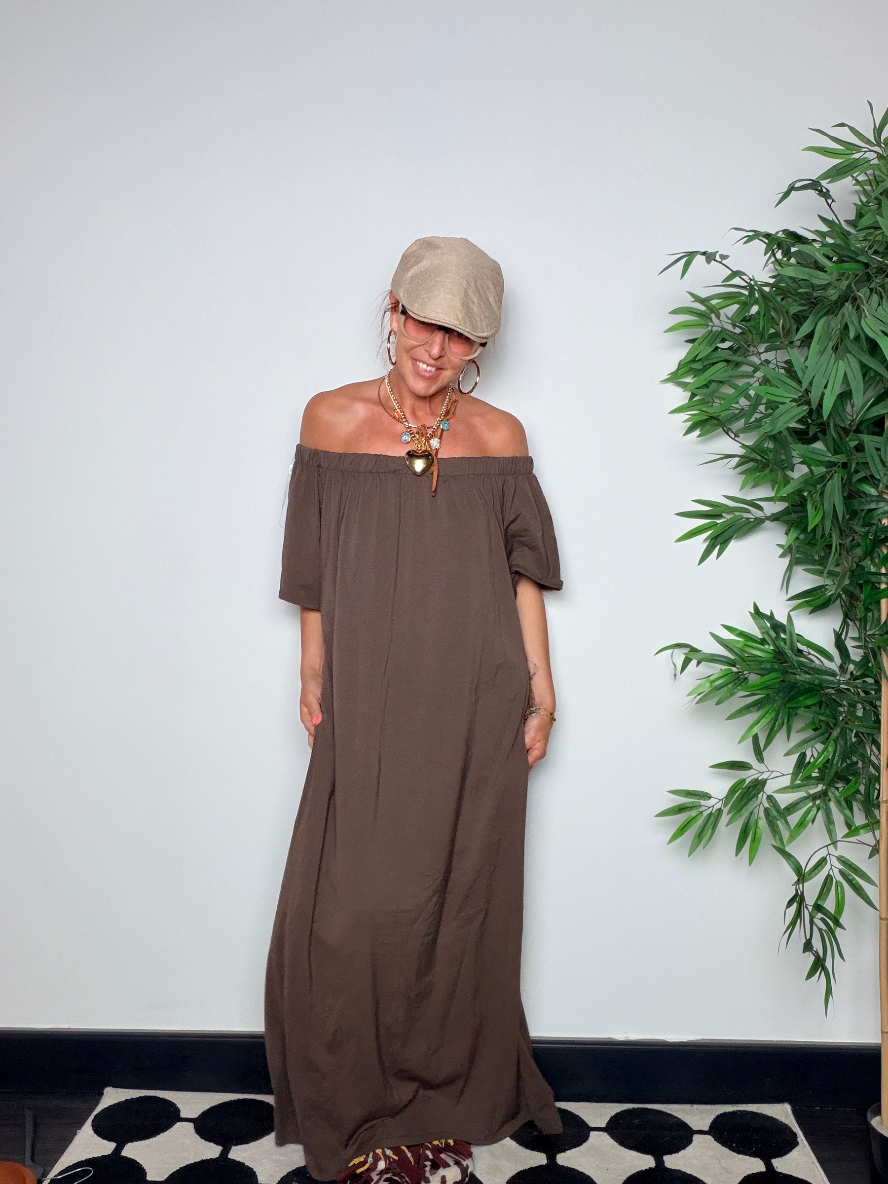 Abito Maxi Off-Shoulder Cotone Fluido — Nero / Bianco / Moro / Rosa / Bordeaux/verde