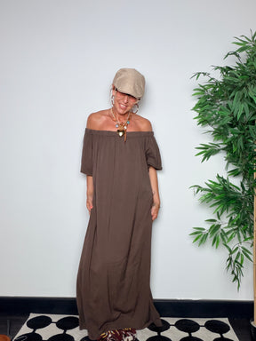 Abito Maxi Off-Shoulder Cotone Fluido — Nero / Bianco / Moro / Rosa / Bordeaux/verde