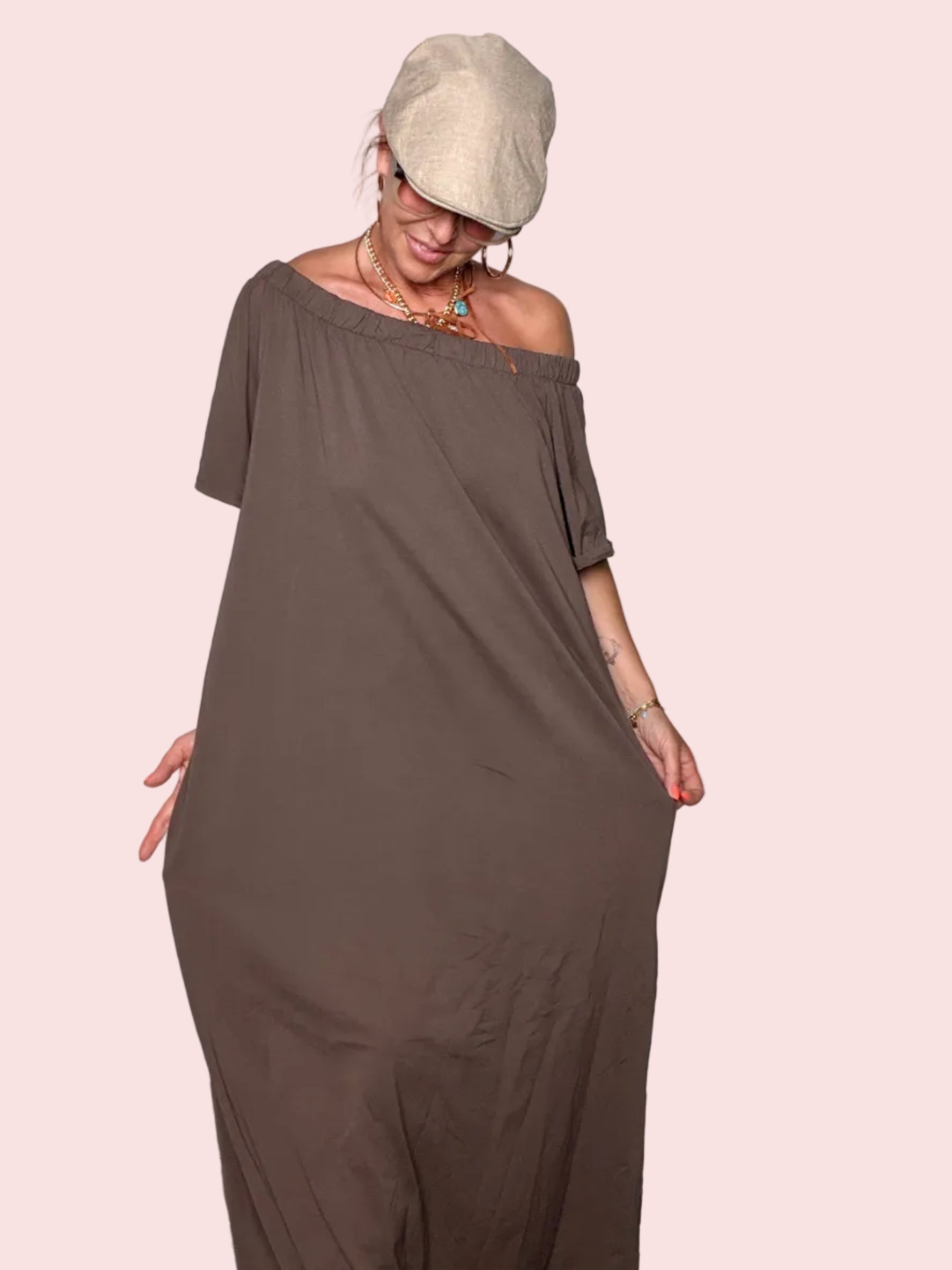 Abito Maxi Off-Shoulder Cotone Fluido — Nero / Bianco / Moro / Rosa / Bordeaux/verde